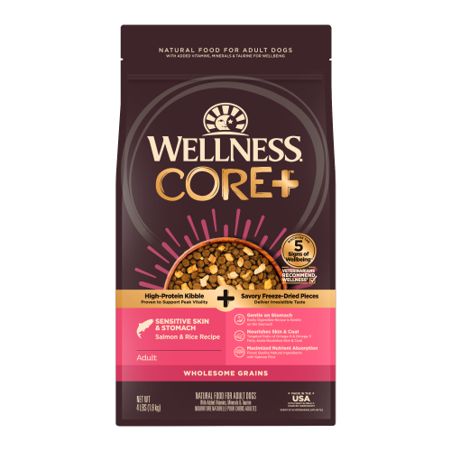 Wellness CORE+ Wholesome Grains Sensitive Skin & Stomach Salmon & Rice Recipe Front packaging