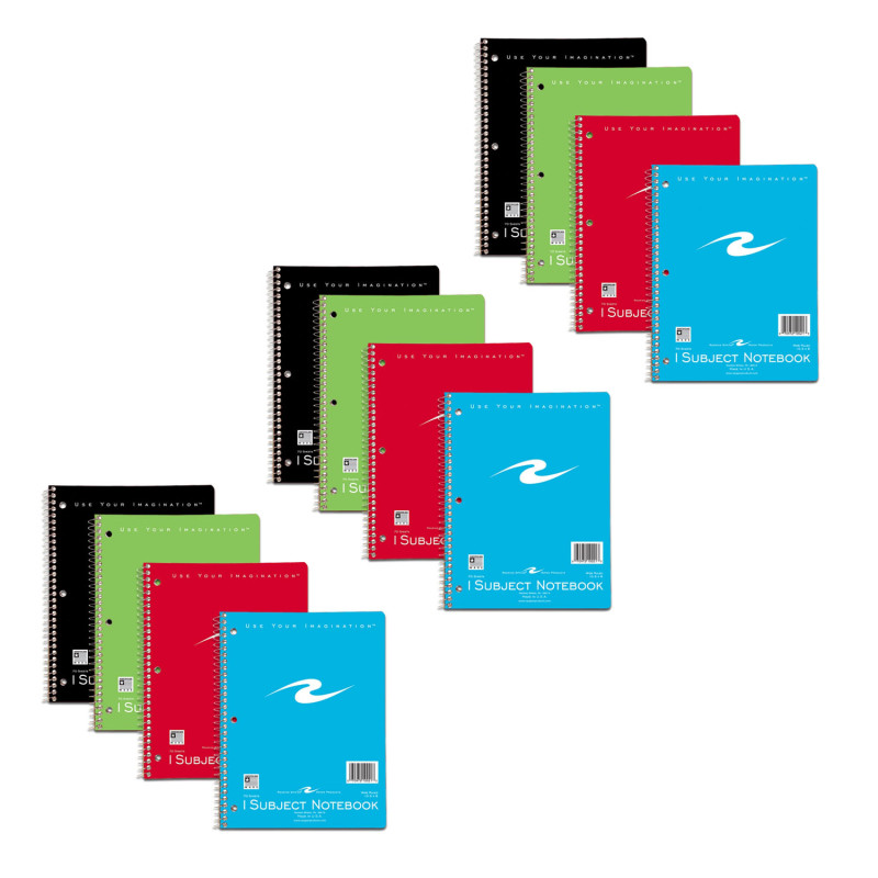 Spiral Notebook, 1-Subject, 70 Pages, Assorted Covers, Pack of 12