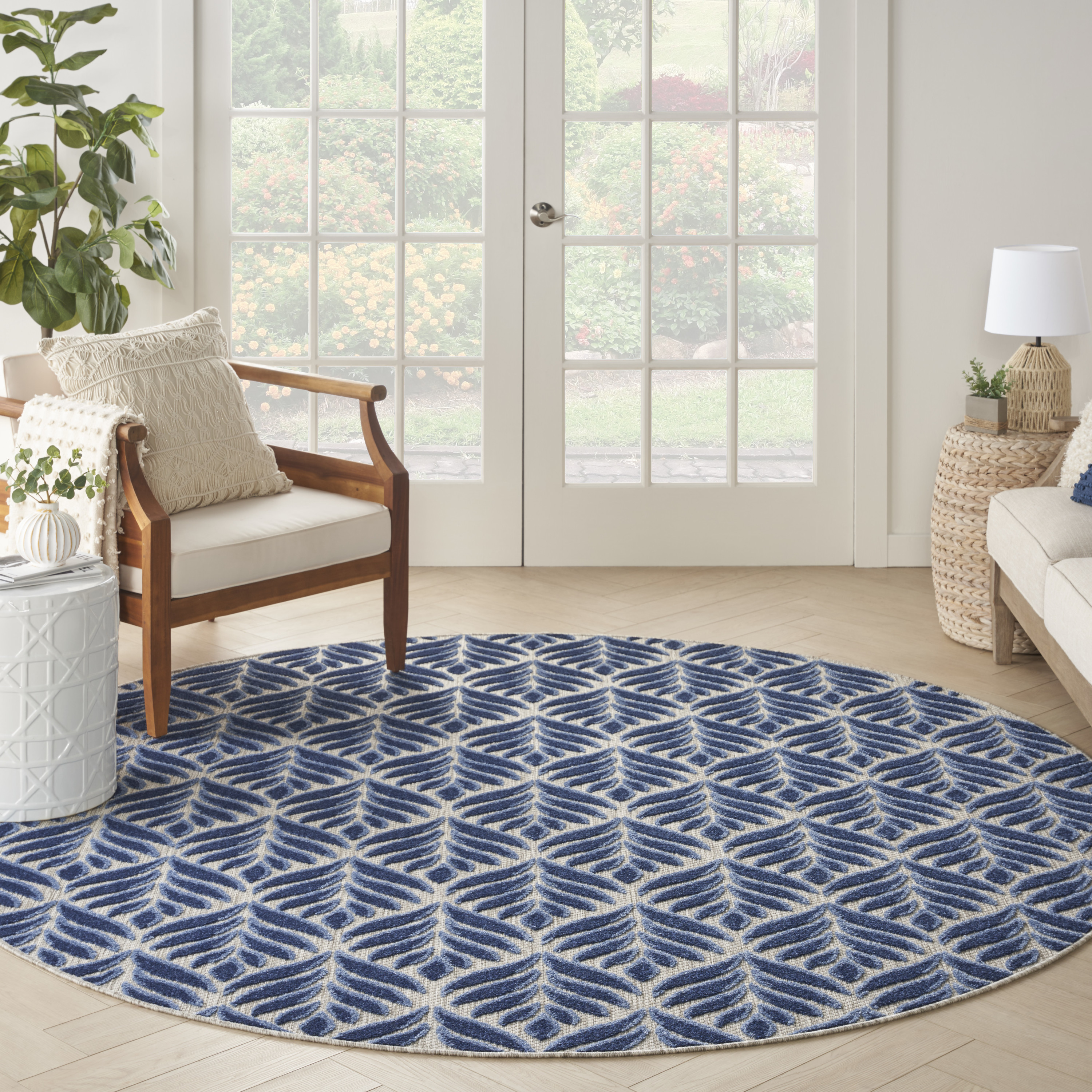 Nourison Aloha 7'10" x Round Blue Tropical Rug