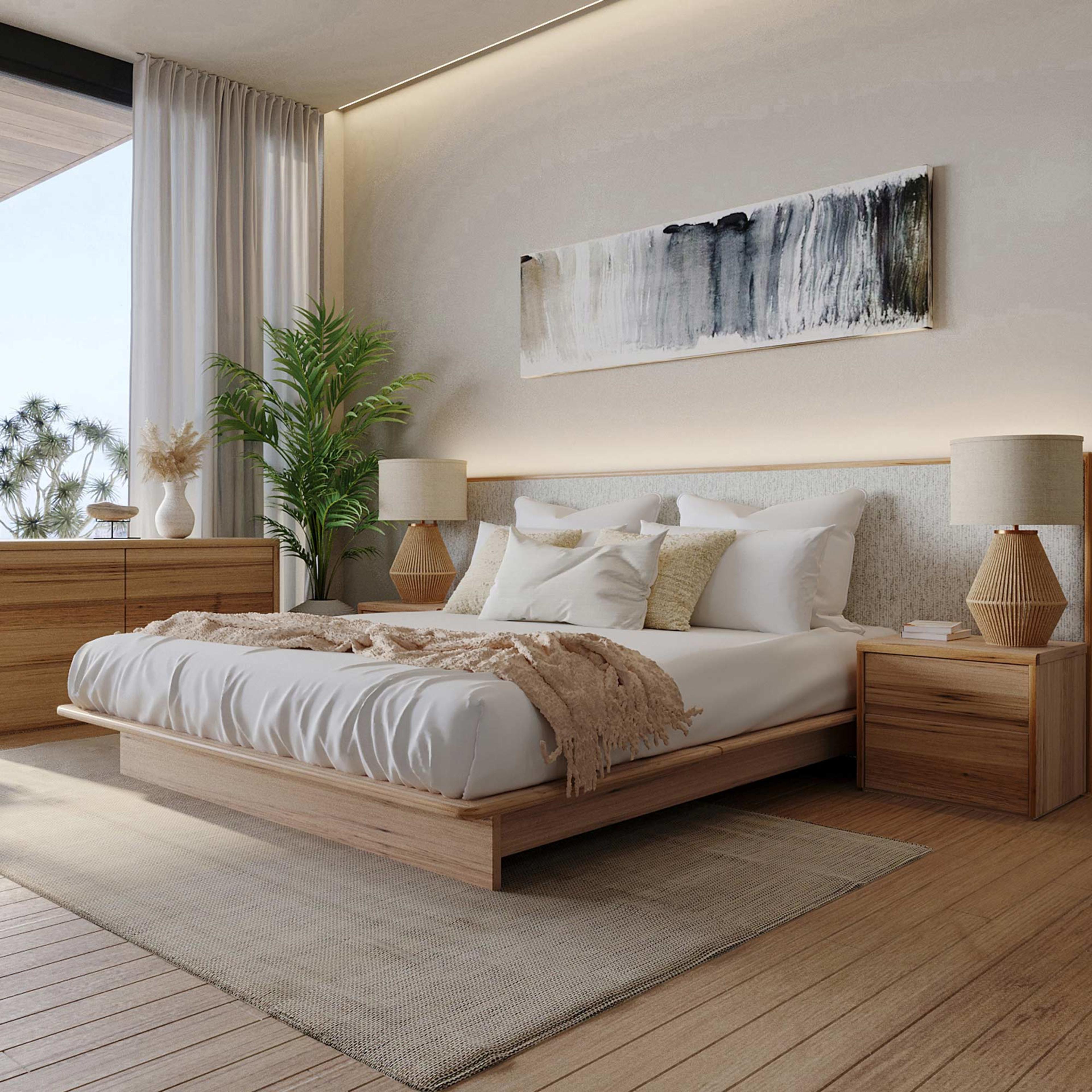 Lifestyle image of the Soho Bed Frame, W/ Extended Headboard & Timber Base, Light Ash-Montague Alabaster from Forty Winks
