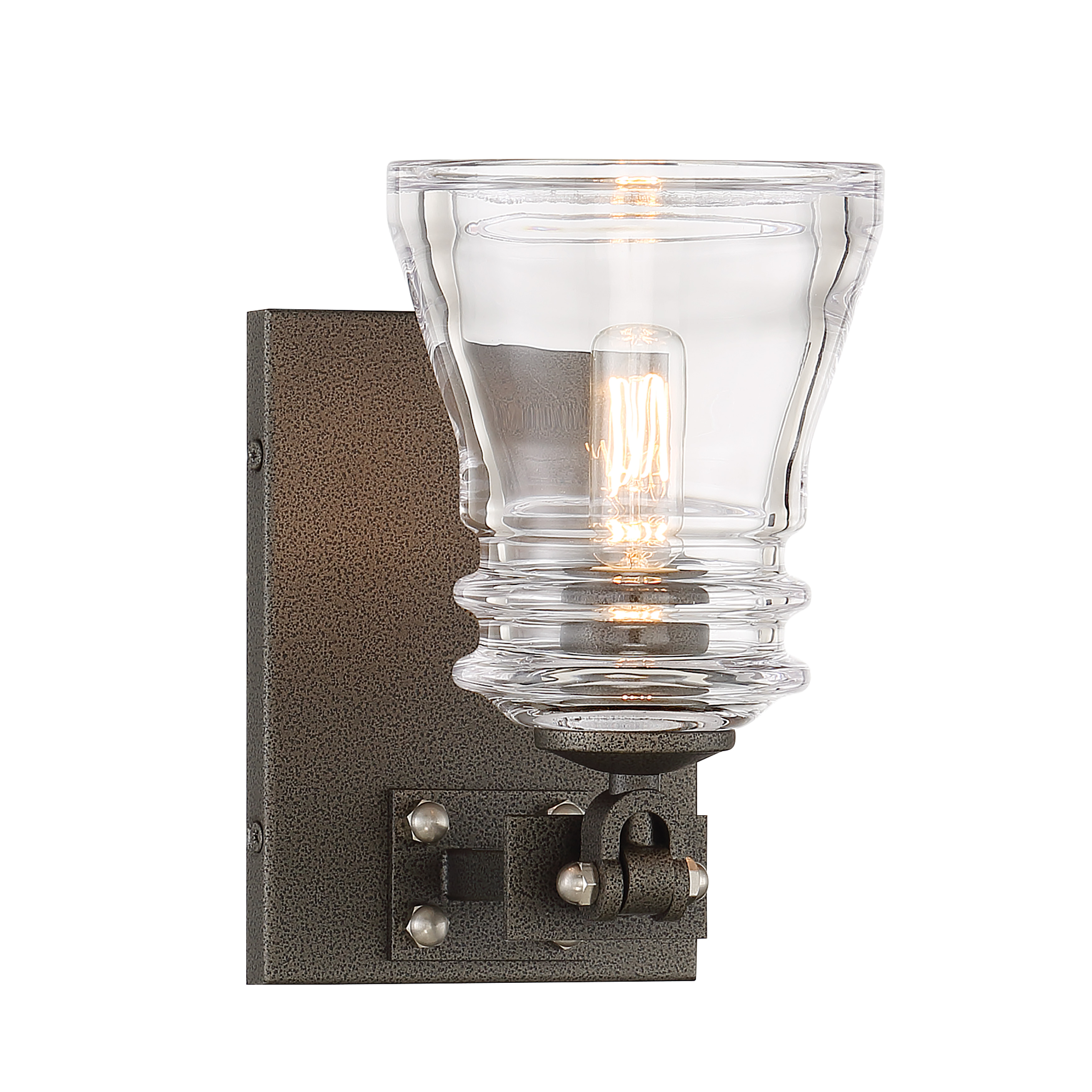 The Graham Avenue bath sconce combines traditional styling with industrial accents through its smoked iron and brushed nickel finish. The clear pressed glass shade adds vintage charm while providing functional task lighting. - alternate view