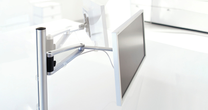 Jointed arms and tilting monitor mounts allow for a custom viewing position.