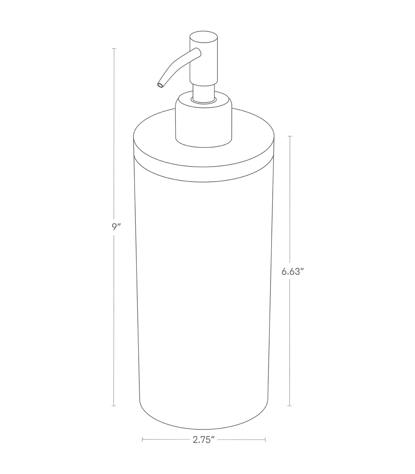 Image dimensionnelle pour le paquet de distributeur rond montrant un diamètre de 2,75" et une hauteur de 9"