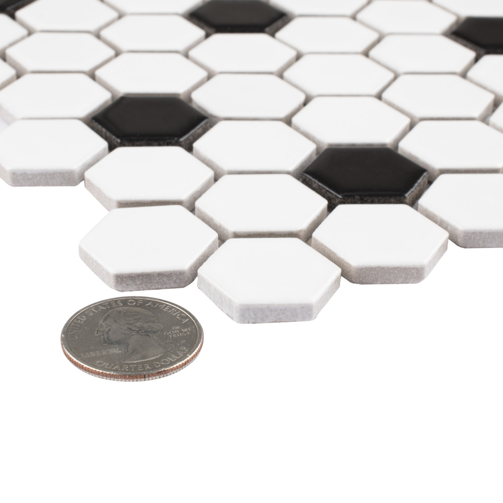 Madison 1″ Hex Matte Cool White w/ Black Dot 10-1/4 in. x 11-7/8 in. Porcelain Mosaic Tile