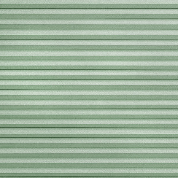 Horizontal pleated fabric blinds, mint-green, fully closed with narrow horizontal folds; blocking view while softly diffusing light, filling a flat, evenly lit surface with subtle textured stripes.
