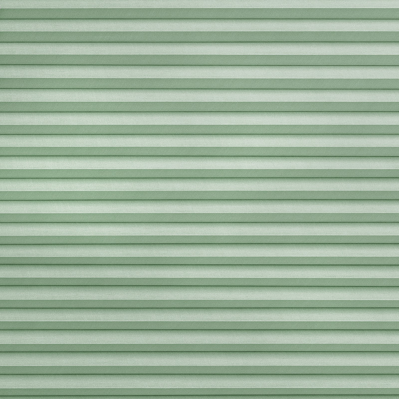 Horizontal pleated fabric blinds, mint-green, fully closed with narrow horizontal folds; blocking view while softly diffusing light, filling a flat, evenly lit surface with subtle textured stripes.