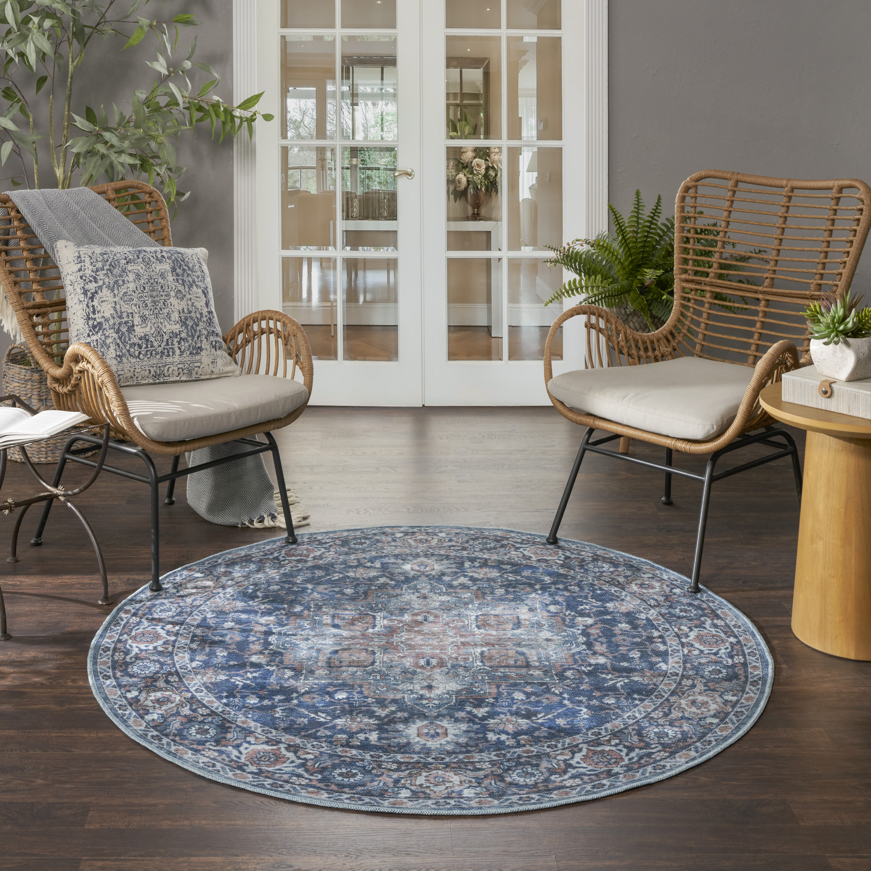 Nourison New Concept Washables 5'3" x Round Ivory Navy Vintage Indoor Rug