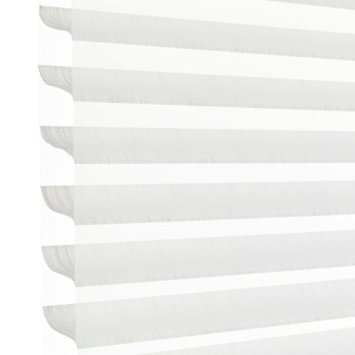 Layered sheer-and-opaque horizontal fabric blinds mounted at a window edge, alternating translucent and solid bands with curved overlapping edges, partially closed and diffusing bright daylight against a plain white background.
