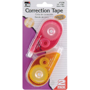 Correction Tape, Assorted Color Cases, 1/5" x 394", Pack of 2