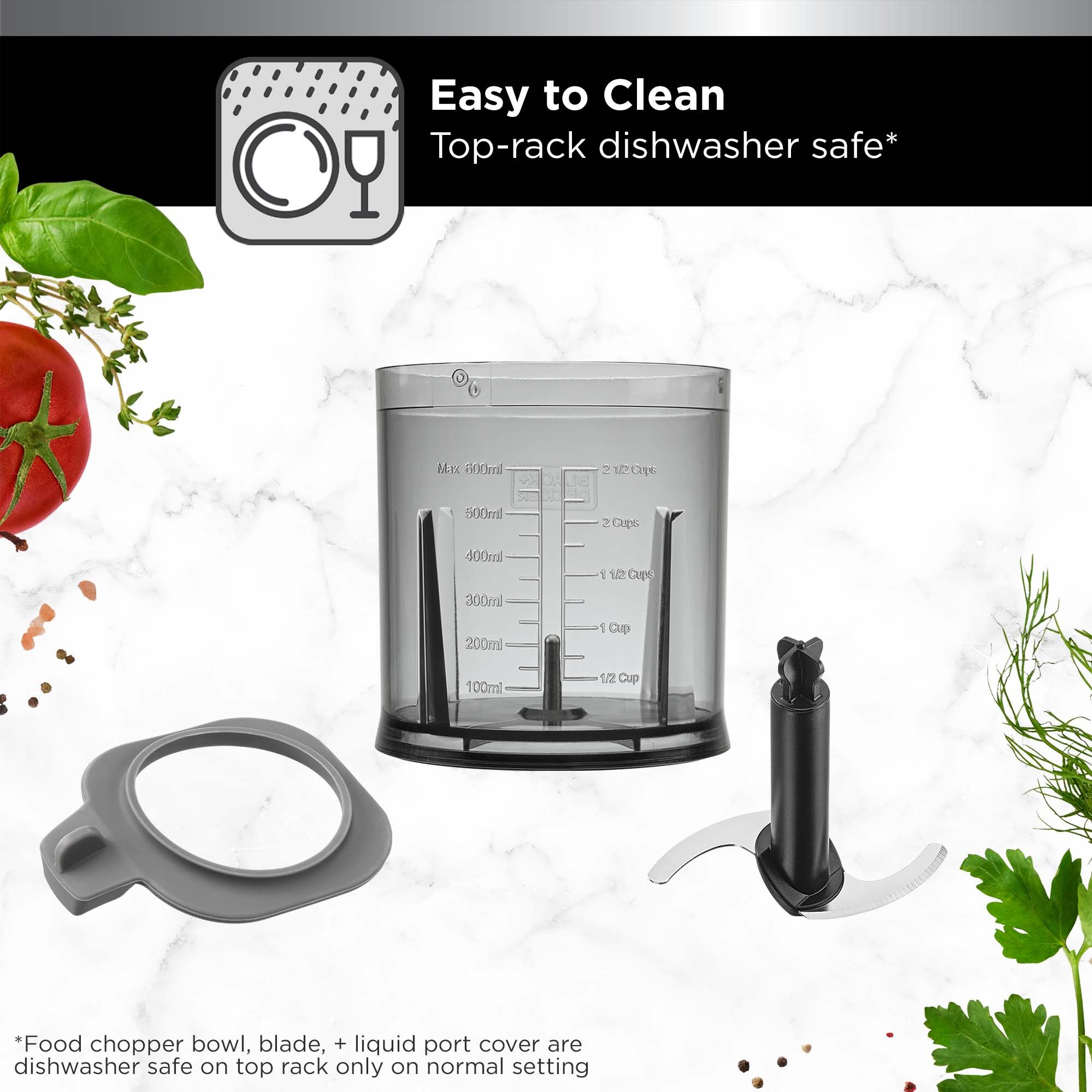 The BLACK+DECKER kitchen wand™ food chopper attachment is easy to clean using the top - rack of a dishwasher