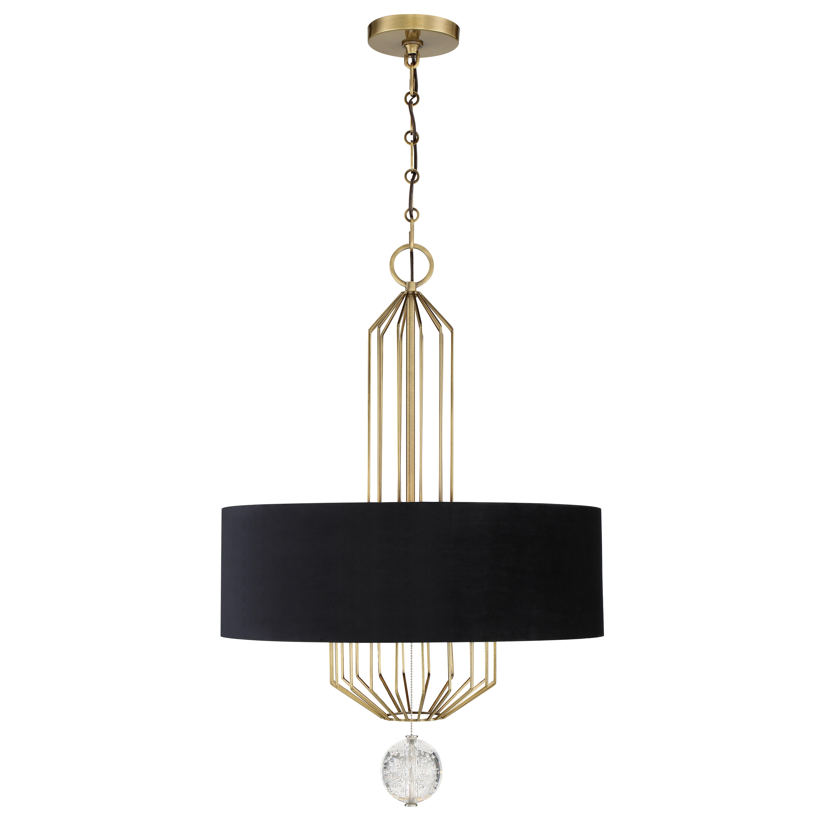 The Grandeur pendant combines classic elegance with modern sophistication through its aged brass finish, sumptuous onyx velvet shade, and sparkling crystal details. Six candelabra bulbs provide ample illumination while the 24-inch width makes it perfectly scaled for medium-sized dining rooms and entryways. - alternate view