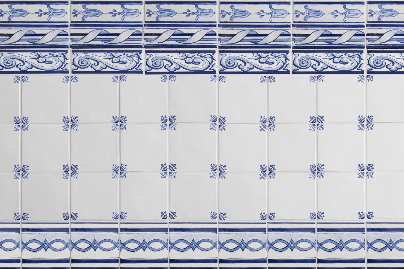 blue and white tiles with decorative designs.