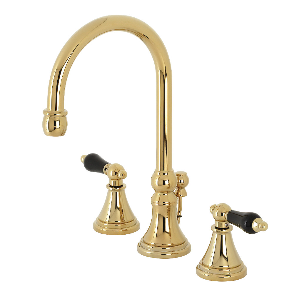 Two Handle 3 Hole Deck Mount Widespread Bathroom Faucet Polished Brass with Brass Pop-Up, with 7 Finish Options