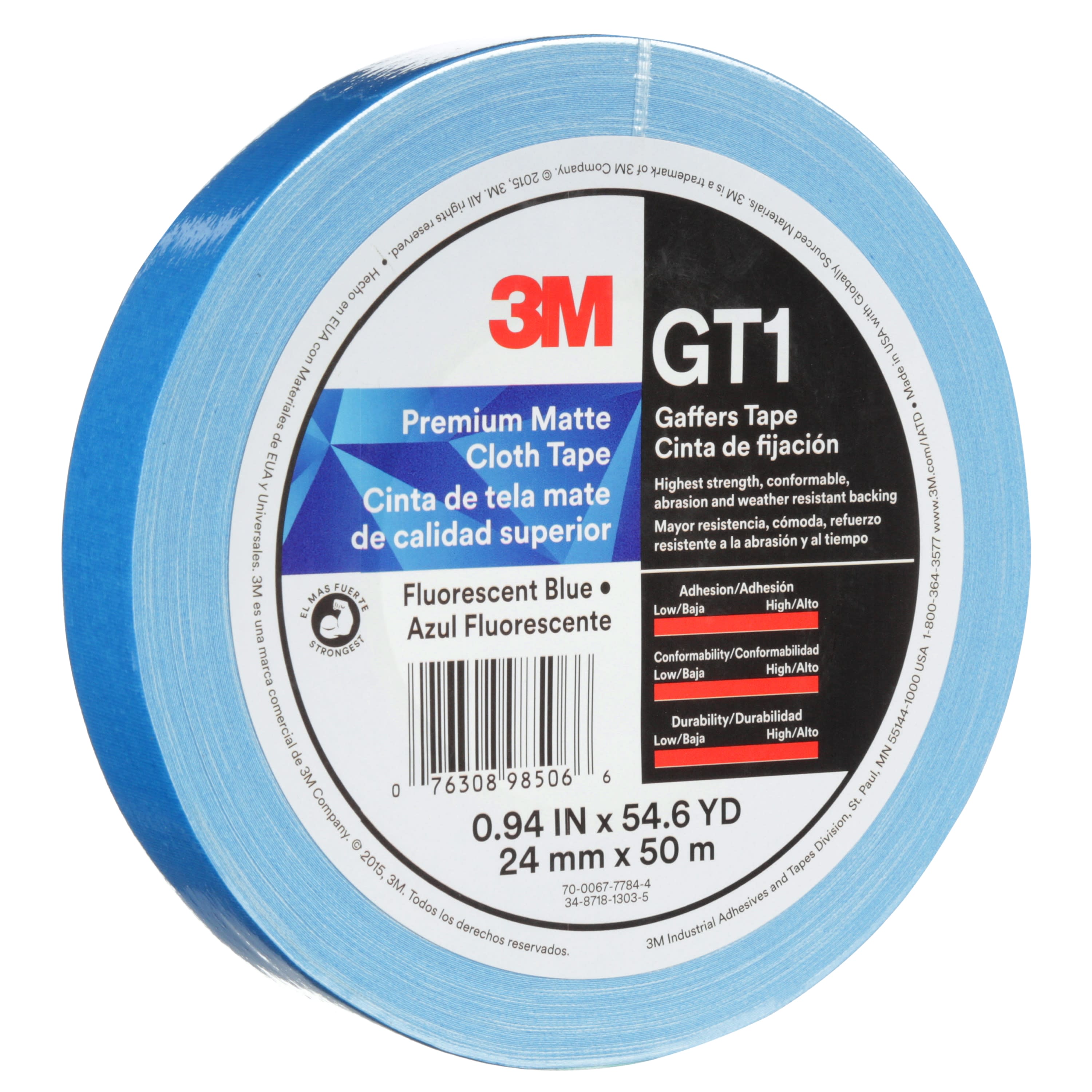 3M™ Premium Matte Cloth (Gaffers) Tape GT1, Fluorescent Blue, 24 mm x 50
m, 11 mil, 48 per case