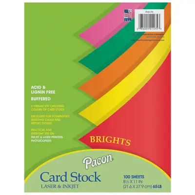 Pacon  Bright Card Stock, 5 Assorted Colors,  8-1/2