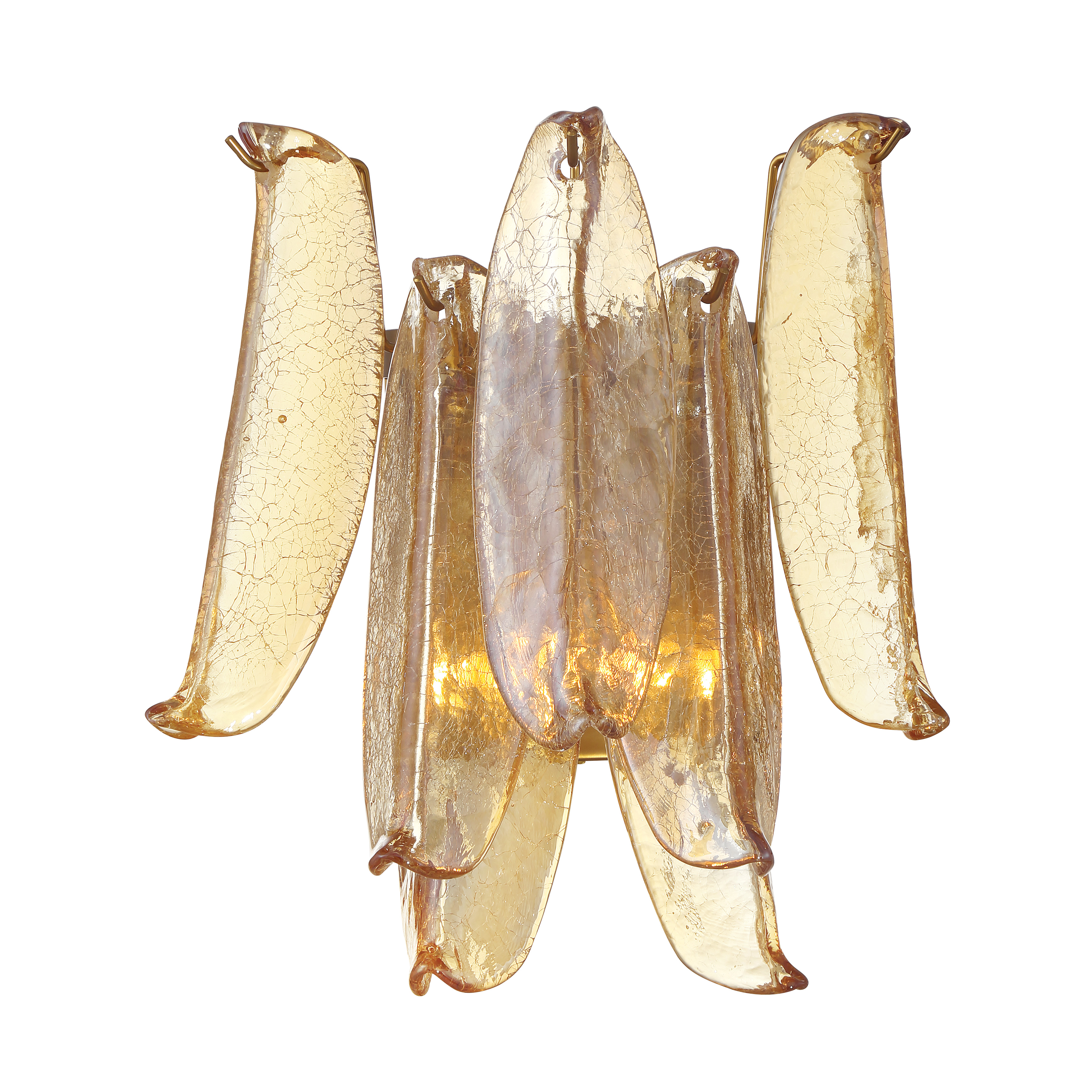 The Regent wall sconce combines classic brass finish with distinctive amber crackled glass for sophisticated ambient lighting. Its compact 13-inch profile makes it ideal for bathrooms, hallways, and intimate spaces. - alternate view