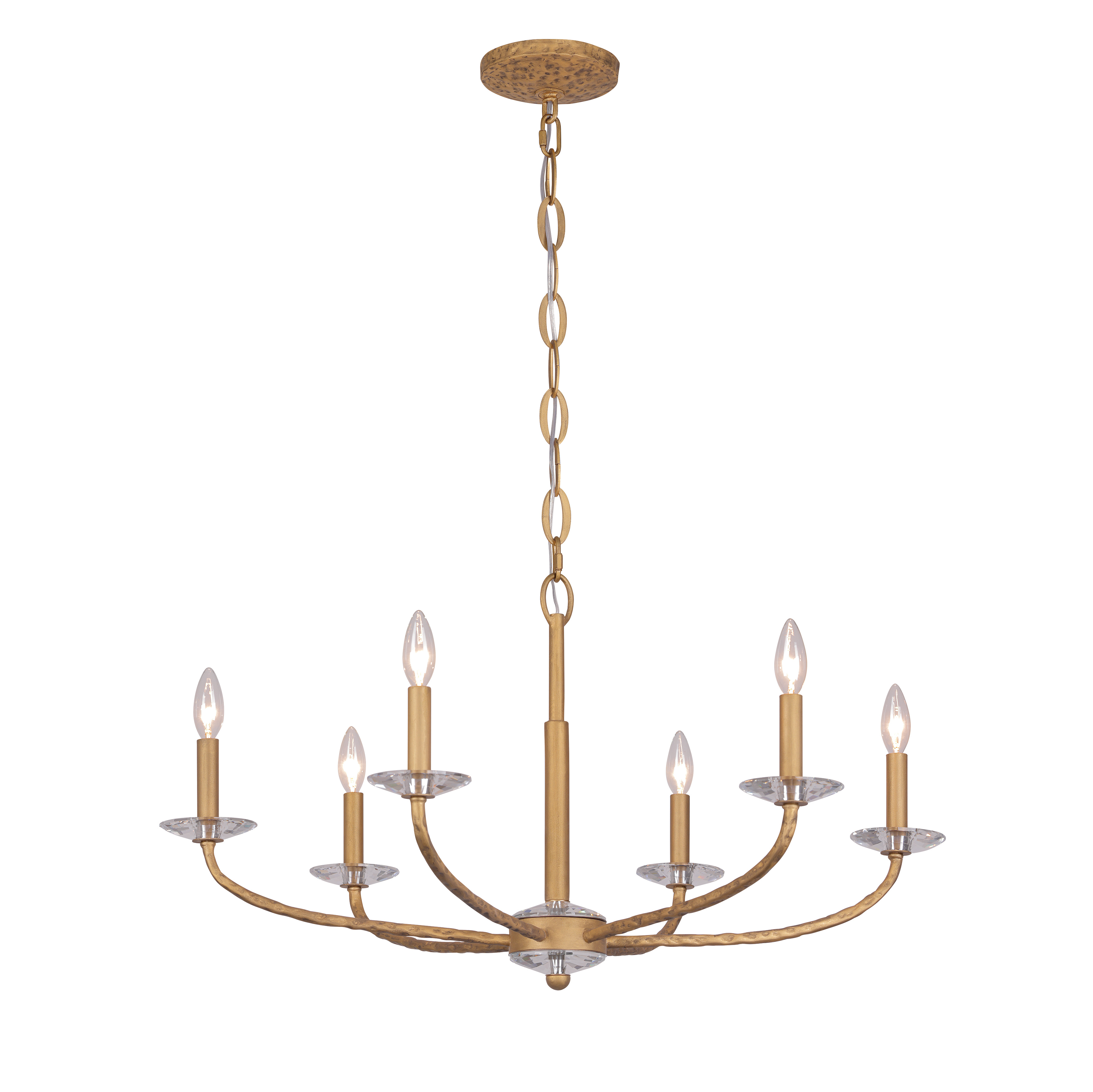 The Atella chandelier combines classic candelabra styling with refined hammered metalwork and faceted crystal accents. Its 32-inch width makes it versatile for medium-sized spaces, while the Ashen Gold finish adds warmth and sophistication. - alternate view