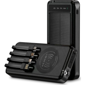 10000mAh Solar Power Bank with Wireless Charging and Built-in Cables, Black