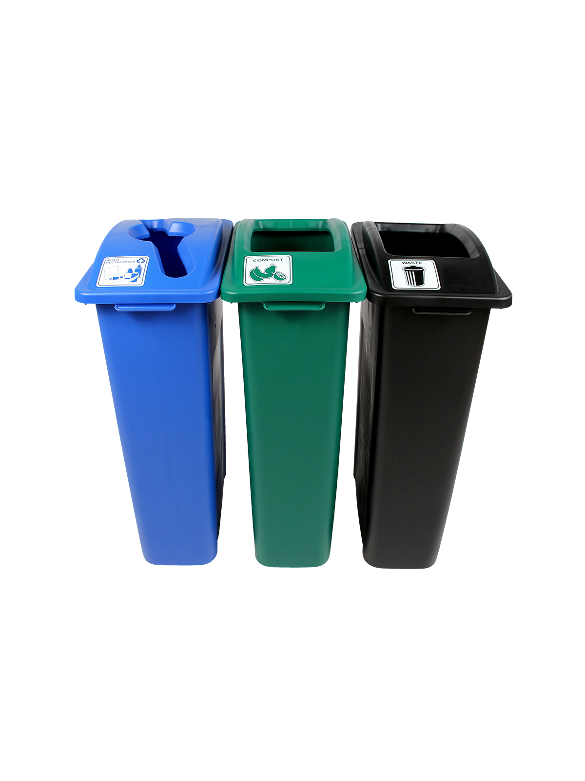 WASTE WATCHER – Triple – Kit – Mixed Recyclables-Compost-Waste – Mixed-Full – Blue-Green-Black