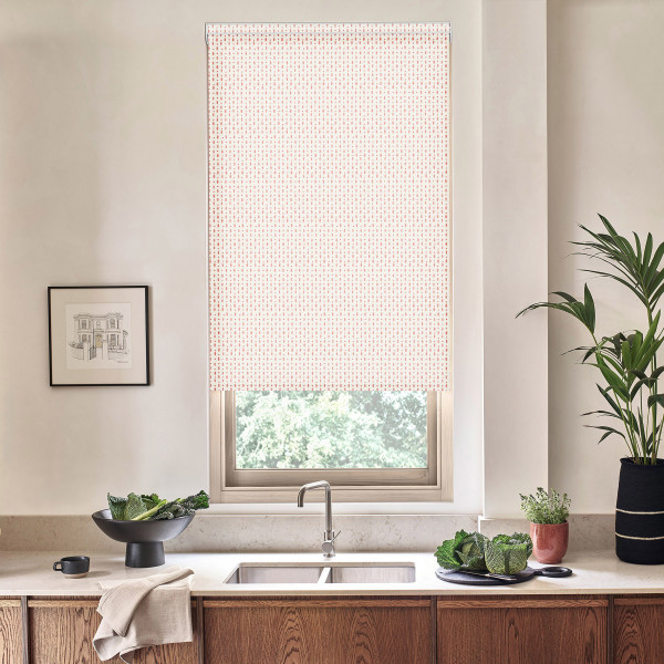 Patterned roller blind covers a kitchen window; faucet rises from a double sink on a countertop holding a bowl of leafy greens, dish towel, potted plants and a framed sketch.