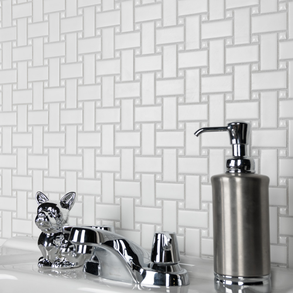 Metro Basketweave White w/ Glossy White Dot 11-3/4 in. x 11-3/4 in. Porcelain Mosaic Tile