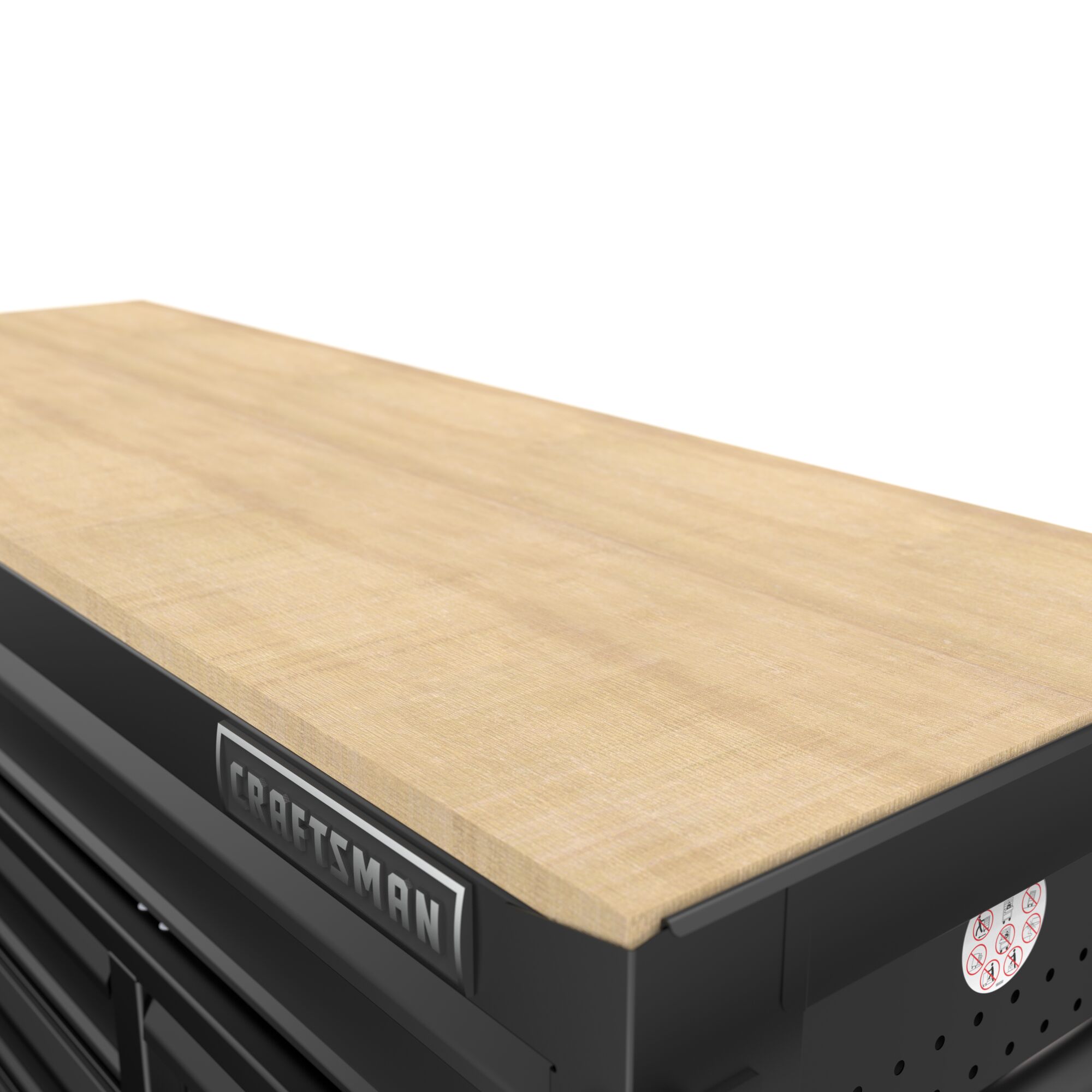 Close-up of wood work surface on top of the CRAFTSMAN Premium S2000 Series 52-inch Wide 8-Drawer Workstation