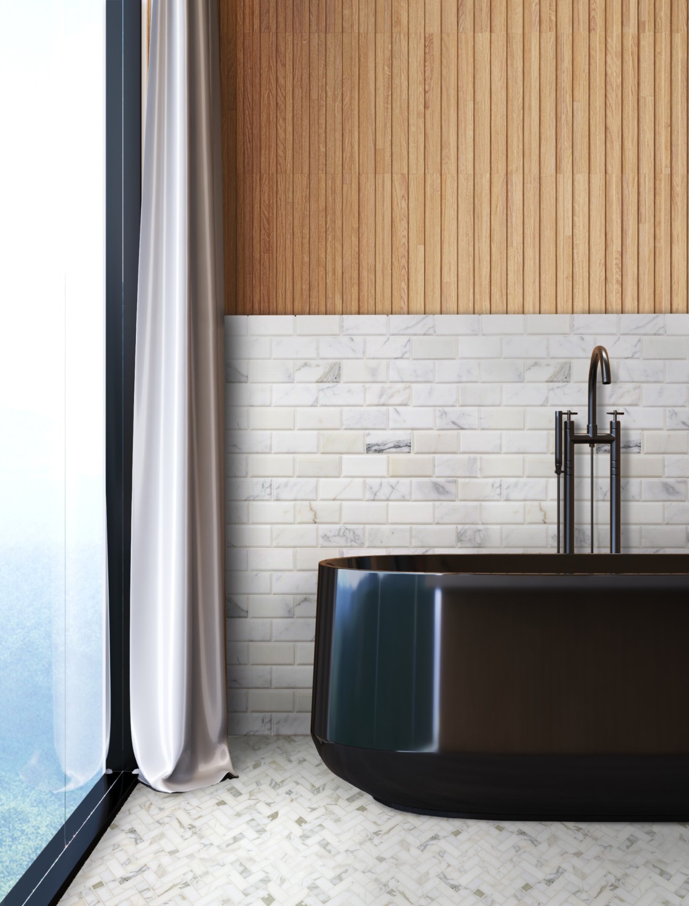 a white tiled bathroom with a black bathtub and large window.