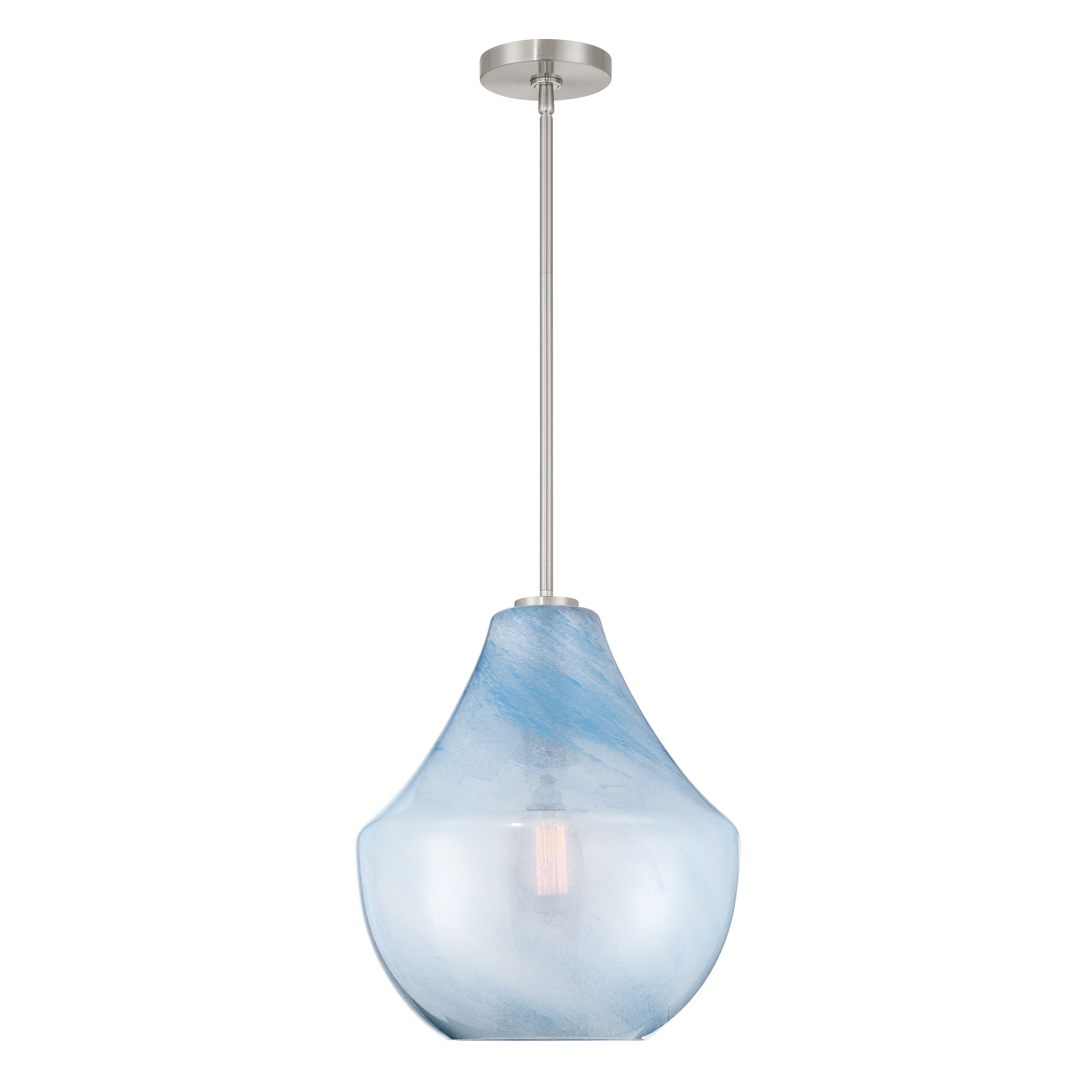 The Pacific pendant brings serene coastal elegance with its soft blue alabaster glass and brushed nickel finish. At 14 inches wide, it's perfectly sized for kitchen islands, bathrooms, or intimate dining spaces. - alternate view