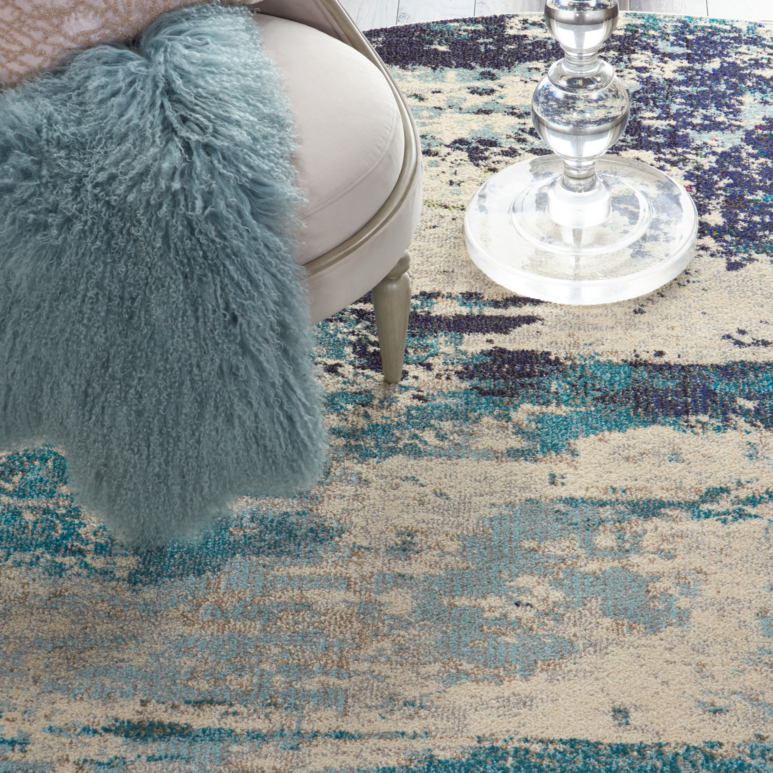 Nourison Celestial 7’10” x Round Ivory Teal Blue Modern Indoor Rug
