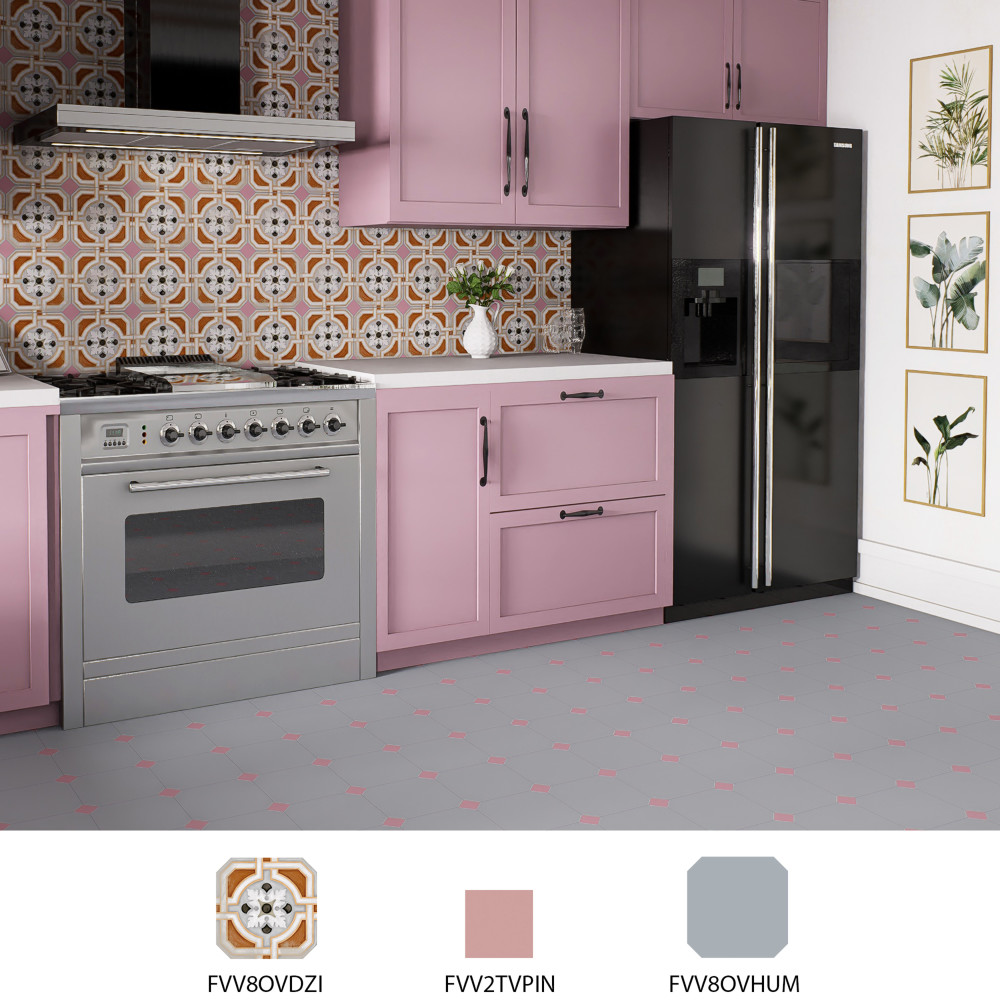 Vaudeville Octagon Deco Zimer with Taco Pink 7-7/8 in. x 7-7/8 in. Porcelain Floor and Wall Tile