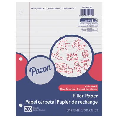Pacon  Filler Paper, White, 3-Hole Punched, Red Margin, 3/8 in ruled 8