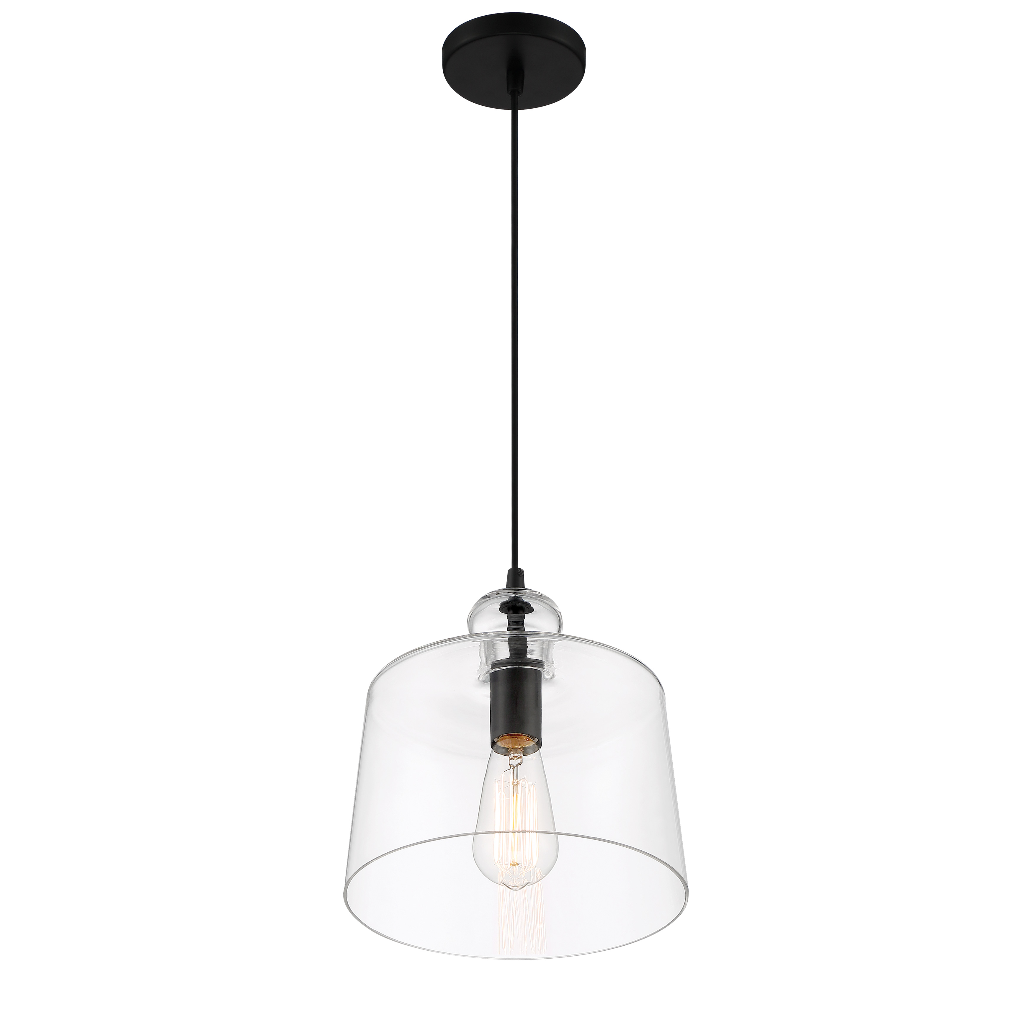 The Clarity pendant combines industrial charm with transitional elegance. Its 10-inch clear glass shade and coal black steel frame create a versatile fixture perfect for task lighting or accent illumination in smaller spaces. - alternate view