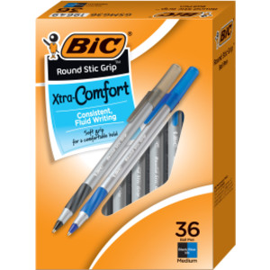 Round Stic Grip Xtra Comfort Ballpoint Pens, Medium Point (1.2mm), Assorted Colors, 36-Count Pack, Assorted Pens for Office Supplies