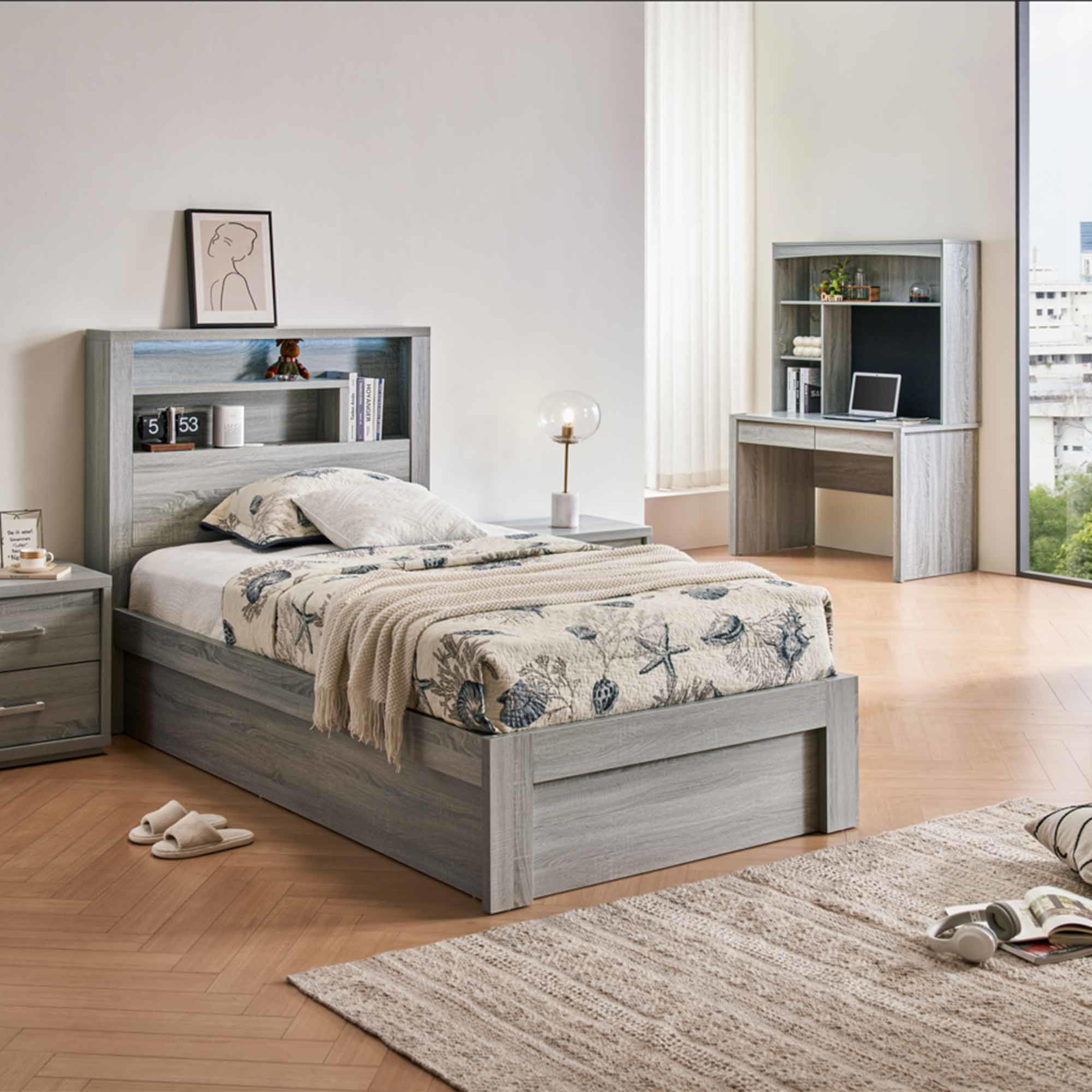 Lifestyle image of the Bellevue Bed Frame, Front Slat Gas Lift Base, Cement Grey from Forty Winks