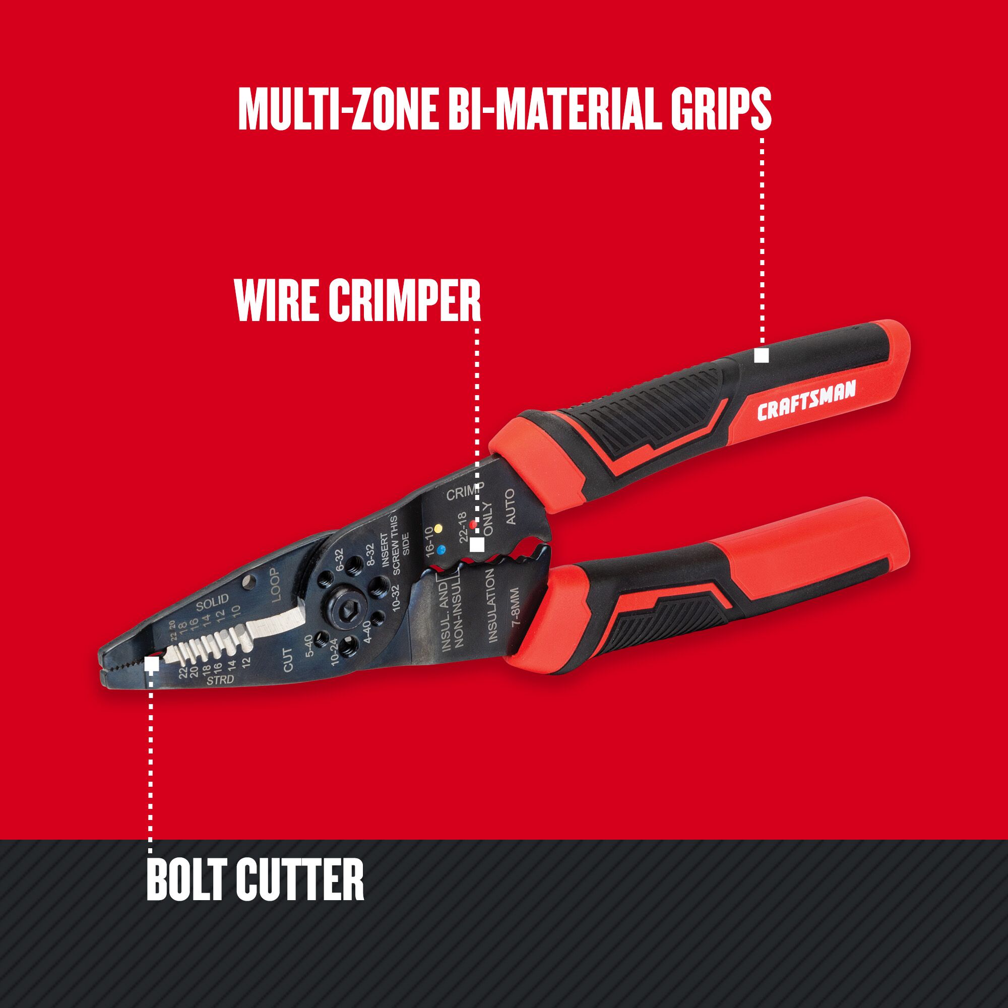Graphic of CRAFTSMAN Wire Crimper highlighting product features