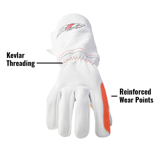 ARC Premium Stick Welding Gloves in White and Tan, GSA Compliant ARCSGSA-00 showing Kevlar Threading and Reinforced Wear Points