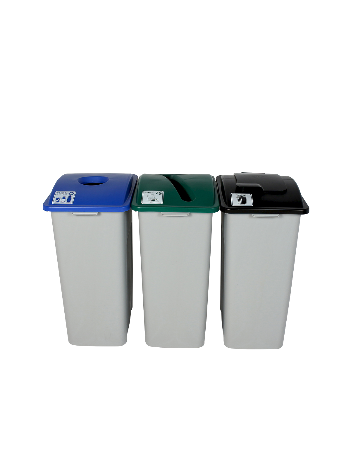 WASTE WATCHER – Triple – Kit – Xl – Cans & Bottles-Paper-Waste – Circle-Slot-Solid Lift – Grey-Blue-Green-Black