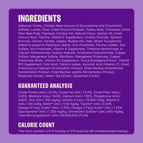 Deboned Turkey, Chicken Meal (source of Glucosamine and Chondroitin Sulfate), Lentils, Peas, Dried Ground Potatoes, Turkey Meal, Chickpeas, Dried Plain Beet Pulp, Flaxseed, Chicken Fat, Natural Flavor, Salmon Oil, Dried Chicory Root, Taurine, Vitamin E Supplement, Choline Chloride, Spinach, Broccoli, Carrots, Parsley, Apples, Blueberries, Kale, Mixed Tocopherols added to preserve freshness, Niacin, Zinc Proteinate, Ferrous Sulfate, Zinc Sulfate, Iron Proteinate, Vitamin A Supplement, Thiamine Mononitrate, d-Calcium Pantothenate, Sodium Selenite, Pyridoxine Hydrochloride, Copper Sulfate, Manganese Sulfate, Riboflavin, Manganese Proteinate, Copper Proteinate, Biotin, Vitamin D3 Supplement, Yucca Schidigera Extract, Vitamin B12 Supplement, Folic Acid, Calcium Iodate, Ascorbic Acid (Vitamin C), Dried Enterococcus faecium Fermentation Product, Dried Bacillus licheniformis Fermentation Product, Dried Bacillus subtilis Fermentation Product, Rosemary Extract, Green Tea Extract, Spearmint Extract.									
This is a naturally preserved product.
Manufactured in a facility that also processes grains.