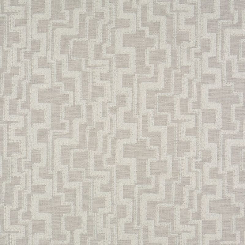 Textured geometric wallpaper: interlocking stepped rectangles in beige and cream, repeating across a fabric-like surface. Pattern lies flat, creating subtle raised contrast in soft, evenly lit, neutral interior context.