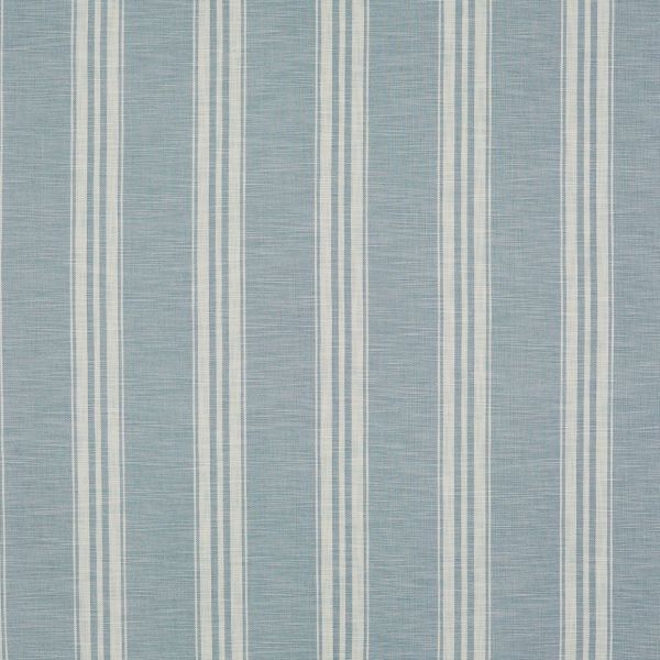 Vertical-striped woven fabric panel (soft blue with repeating off-white bands) hangs flat, covering the surface; subtle horizontal weave visible, suggesting wallpaper or a curtain in neutral lighting.