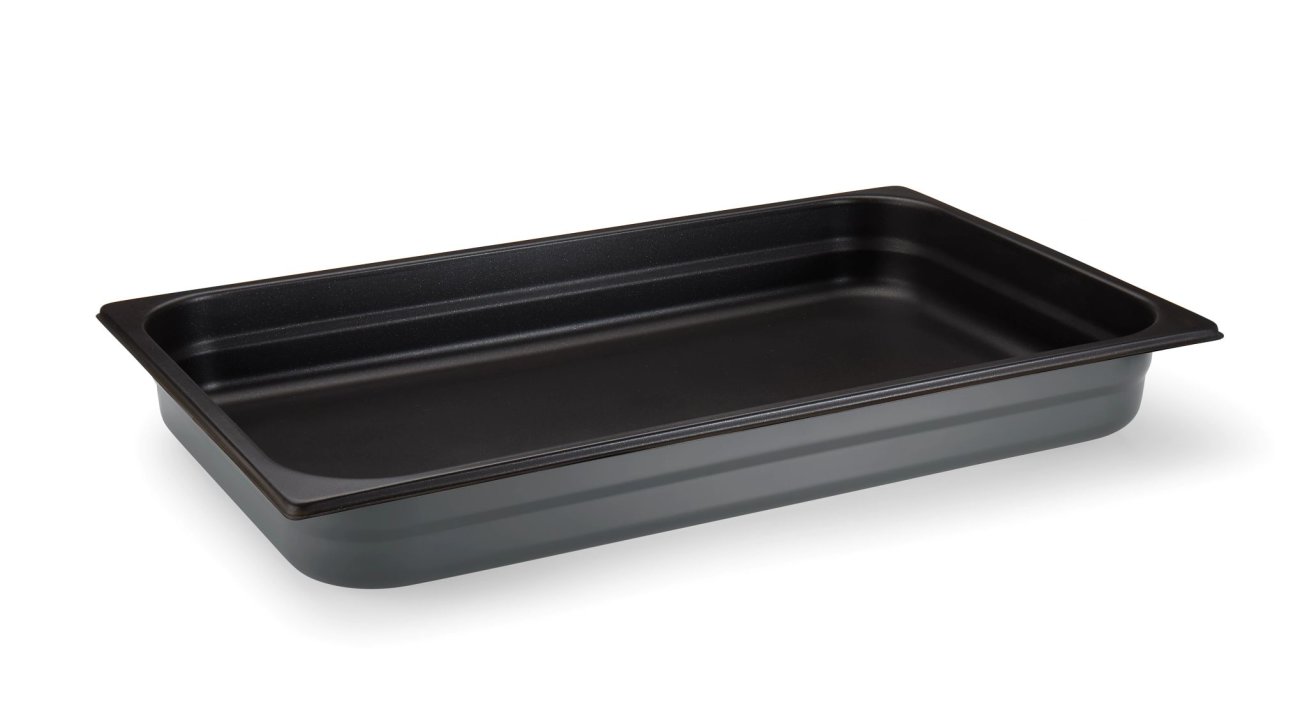 Cacerola de mesa de vapor tamaño 1/1 gastronorm 65 milímetros de profundidad 18/10 grado de acero inoxidable de inducción-listo en gris con recubrimiento antiadherente