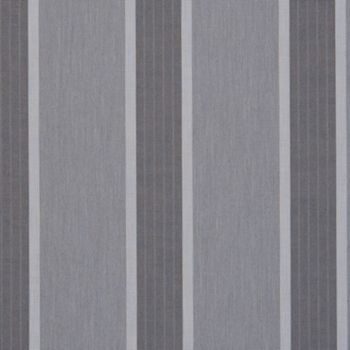 Vertical striped fabric curtain, alternating wide light-gray and narrow dark-gray bands with fine pinstripes, hanging closed and filtering soft diffuse light in a minimally lit interior.