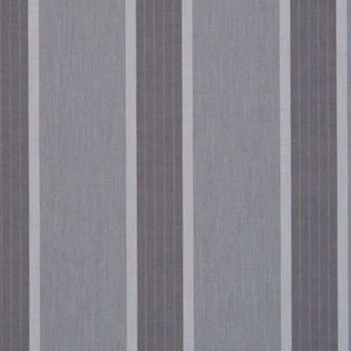 Vertical striped fabric curtain, alternating wide light-gray and narrow dark-gray bands with fine pinstripes, hanging closed and filtering soft diffuse light in a minimally lit interior.