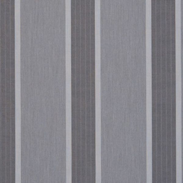 Vertical striped fabric curtain, alternating wide light-gray and narrow dark-gray bands with fine pinstripes, hanging closed and filtering soft diffuse light in a minimally lit interior.