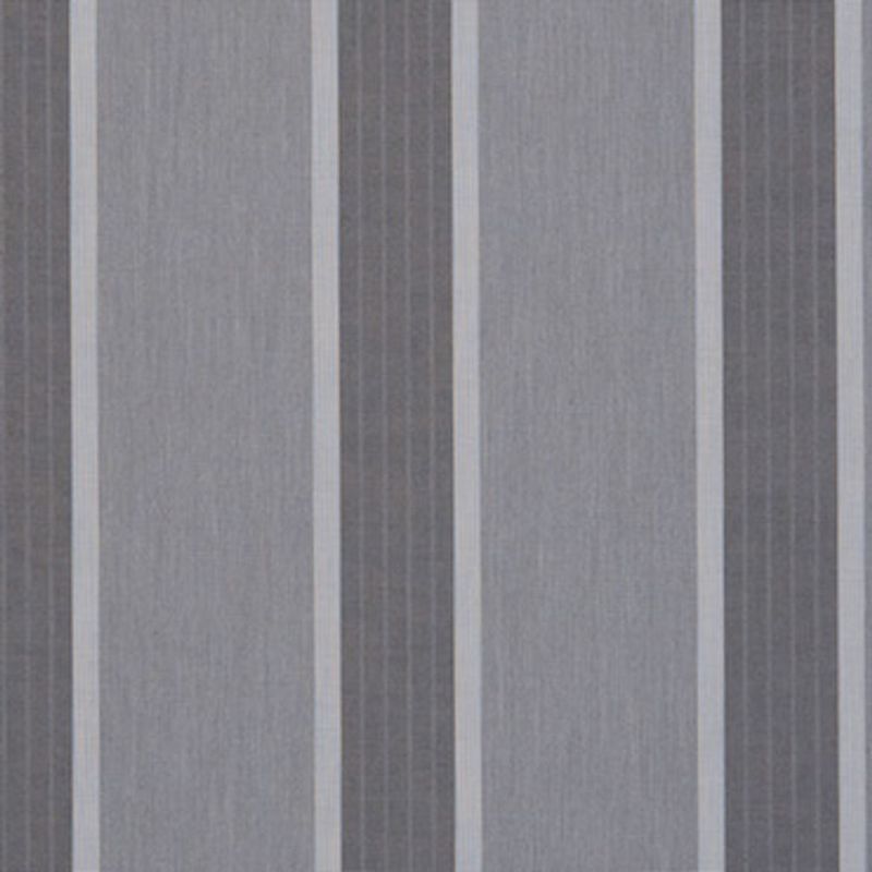Vertical striped fabric curtain, alternating wide light-gray and narrow dark-gray bands with fine pinstripes, hanging closed and filtering soft diffuse light in a minimally lit interior.