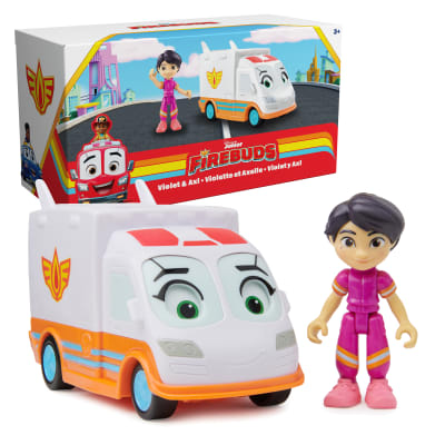 Disney Junior Firebuds, Violette et Axelle, figurine articulée et ambulance avec mouvement des yeux interactif, jouets pour filles et garçons à partir de 3 ans