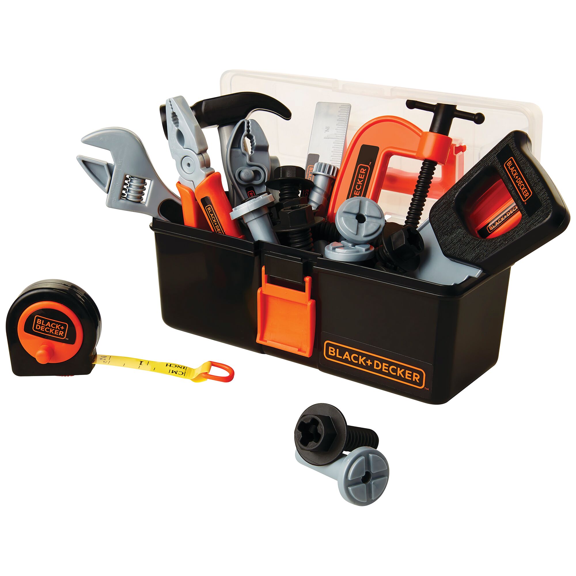 Profile of junior 50 piece carpenter dress up set with toy tools.