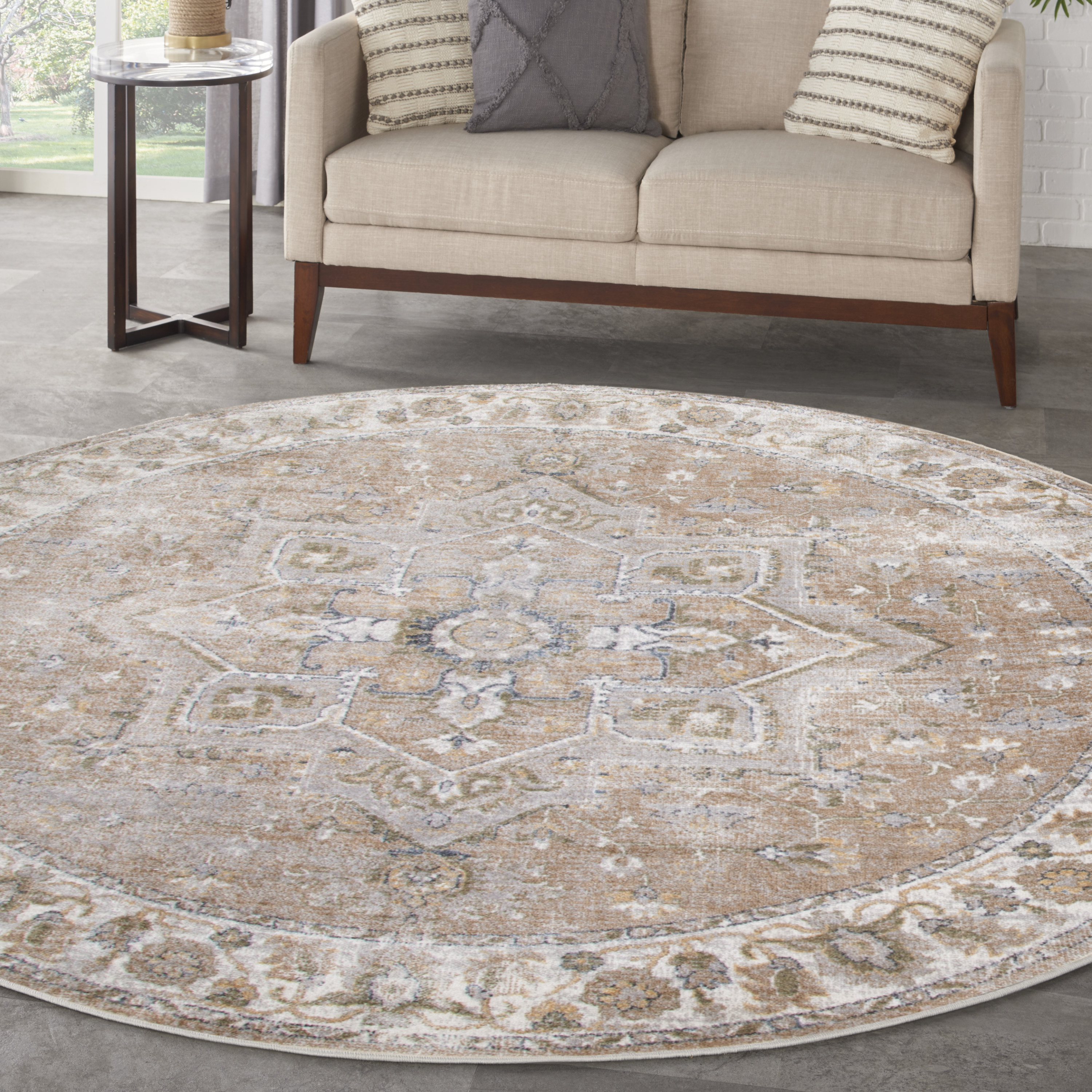 Nourison Astra Machine Washable 7'10" x Round Beige Vintage Indoor Rug