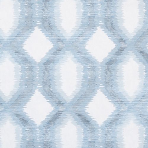 Pale blue-and-white patterned wallpaper covering a wall and displaying blurred diamond motifs formed by horizontal striations, creating a soft, watercolor-like backdrop for a light, airy interior.