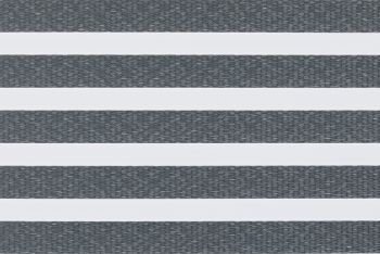 Horizontal zebra-style window blind with alternating textured gray woven and opaque white bands, aligned to create stripes, filling frame in neutral, evenly lit close-up with no visible room or view.